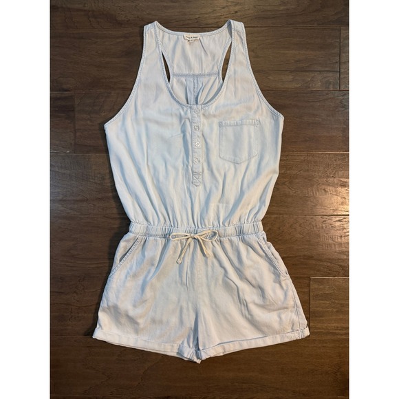 Aaron & Amber Pants - Aaron & Amber‎ Light Wash Chambray Romper Womens Medium Blue Henley Racerback